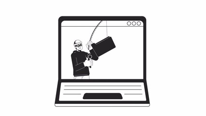 Poster - Hacker with fishing rod catching computer folder bw outline 2D animation. Phishing 4K video motion graphic. Cyber attacker on laptop monochrome linear animated cartoon flat concept, white background