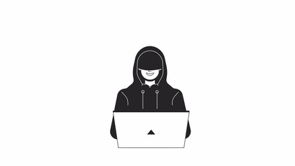 Poster - Laptop typing criminal with hoodie bw outline 2D character animation. Cyber attack monochrome linear cartoon 4K video. Anonymous computer hacker coding animated person isolated on white background