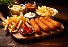Fried Sausages With French Fries And Ketchup On Wooden Board