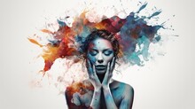 Emotionally Charged Image That Captures The Concept Of Mental Disorder And Depression. Striking Silhouette Of A Weary Woman Touching Her Forehead With A Blend Of Photography And Watercolor.