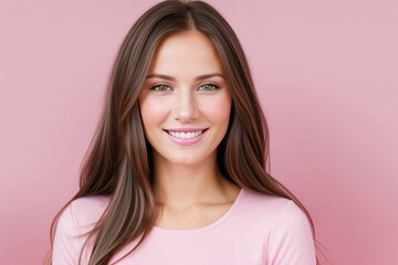 Portrait beautiful green eyes model woman with white teeth smile, healthy long hair and beauty skin on pink background. Concept of advertising dentist and facial care. Generative AI