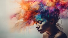 Emotionally Charged Image That Captures The Concept Of Mental Disorder And Depression. Striking Silhouette Of A Weary Woman Touching Her Forehead With A Blend Of Photography And Watercolor.