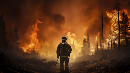 Wall Mural - firefighter on the background of a forest fire view from the back