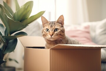 Sticker - the cat looks out of the moving box. The concept of relocation with a pet