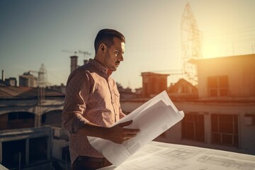 Poster - Architect plans rooftop at sunset. Generate Ai