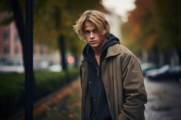 Street Portrait of a Fictional Handsome Nordic Male Model Wearing Grunge Style Casual Clothes. Generative AI.