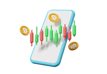 Poster - Buy and sell cryptocurrency trading on mobile app and growth bitcoin currency transfer exchange data information investing trader concept.on isolated background. 3d render illustration