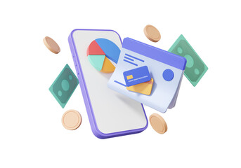 Open account passbook deposit via app smartphone on isolated background. transaction internet banking. chart management money transfer concept. 3d rendering illustration. cartoon minimal style