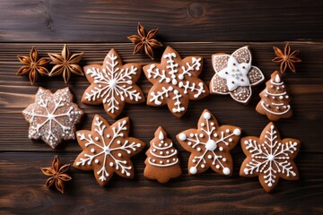 Sticker - tasty decorated christmas cookies on wooden background