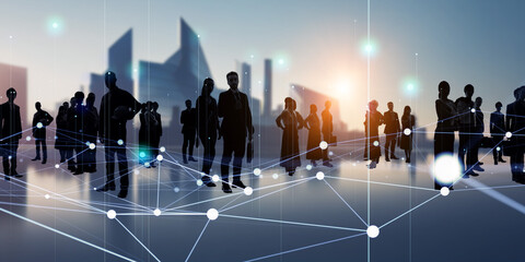 Poster - Group of multinational people standing in front of futuristic city and communication network concept. Wide angle visual for banners or advertisements.
