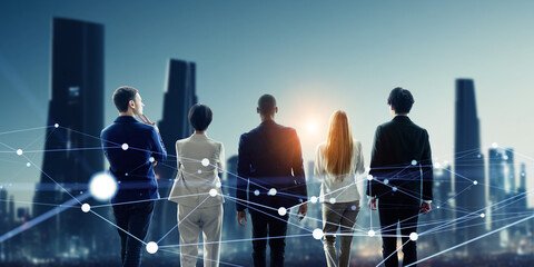 Poster - Group of people standing in front of futuristic city and communication network concept. Wide angle visual for banners or advertisements.