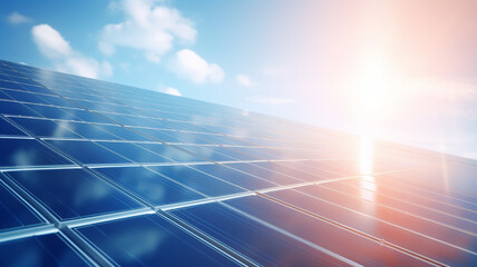 texture of solar panels, and reflection of the blue sky with clouds, green transition pure energy of
