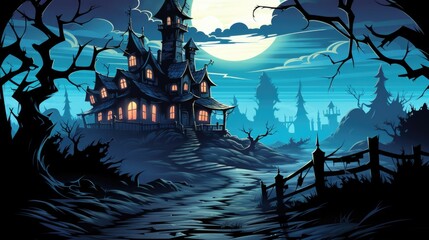 Poster - Halloween haunted house with spooky trees and moon, AI