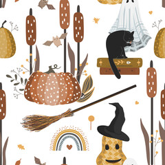 Wall Mural - Autumn Halloween seamless pattern with pumpkin, black cat, ghost, witch hat, books, and a broomstick. Vector background.