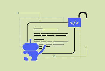 Fototapete - Open Source AI Tools and Artificial Intelligence Projects With Source Code. AI Software for Code Creation, Graphic Design and Communication. Vector isolated illustration on white background with icons