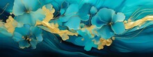 Abstract Painted Oil Acrylic Painting Of White Flowers With Gold Deatils And Dark Blue Moody Background Wallpaper Texture Illustration.