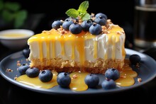 Delicious Yellow-lemon-blueberry Cheesecake, Sponge Cake, Blueberries, Lemon Slices