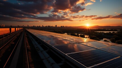 Wall Mural - panorama of solar panels and sunset, alternative power source