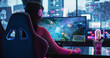 © Gorodenkoff - Young Female Gamer Playing Online Multiplayer Battle Arena Video Game on a Computer in a Cyberpunk Digital Neon Studio. Asian Girl Using a Modern Wide Curved Monitor for Her Gaming Station Setup