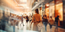Blurred Background Of A Modern Shopping Mall With Some Shoppers. Stylish Women Looking At Showcase, Motion Blur. Abstract Motion Blurred Shoppers With Shopping Bags. Black Friday.