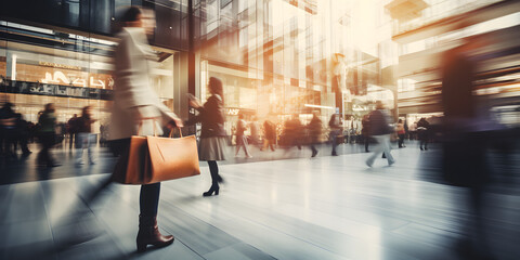 Blurred background of a modern shopping mall with some shoppers. Stylish women looking at showcase, motion blur. Abstract motion blurred shoppers with shopping bags. Black Friday.