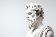 White Greek Statue Of Demosthenes On White Background With Copy Space.