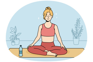 Wall Mural - Calm young woman in sportswear sitting on mat practicing yoga at home. Smiling relaxed girl meditating indoors. Meditation and stress relief. Vector illustration.