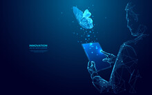 Abstract Digital Butterfly Flying Out From Tablet Computer. The Businessman Holds The Device And Taps On Screen. Technology Evolution And Innovation Concept. Futuristic Low Poly Wireframe Illustration