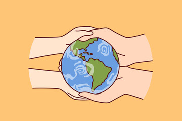 globe in hands of two people caring about planet earth and wishing to save nature from pollution and