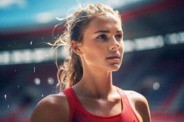 Wall Mural - Portrait woman soccer player sweating on the field sunny day at stadium