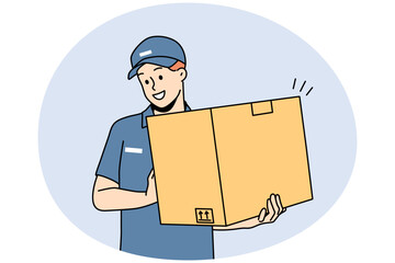 Smiling deliveryman in uniform holding cardboard package. Happy male courier with box deliver order to client. Good delivery service. Vector illustration.