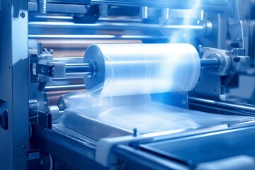 The operation of automatic plastic bag production machine with lighting effect. Close-up of the roller of the plastic bag production machine in the light blue, Generative AI