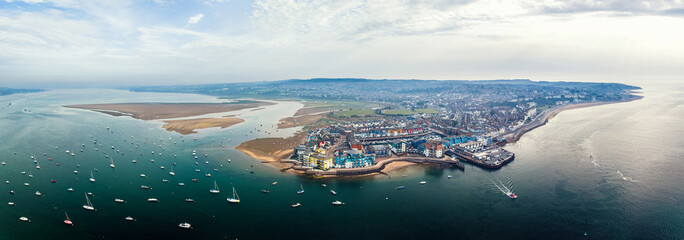 Panorama of Exmouth and River Exe from a drone, Dawlish Warren, Devon, England, Europe