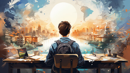 Wall Mural - student at the table view from the back learning global drawing picture graphics