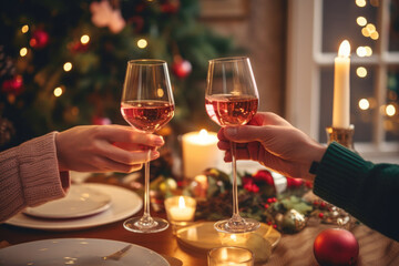 Happy couple toasting with glasses of rose wine celebrating holidays, beautiful Christmas table setting and decoration in the background