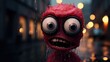 Cute but lost alien monster stuffed toy with soaking wet red fur and crooked teeth roaming the streets of London city, big bulging eyes and quirky expression - generative ai