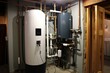 Indoor water softener tank installation. Generative AI