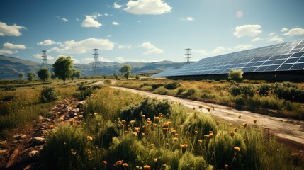 Wall Mural - Solar Panels And Wind Turbines with hot Sun