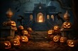 Scary haunted house Halloween backgrounder adorned with carved pumpkins. Generative AI