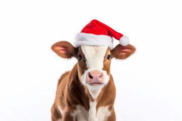 Poster - Portrait of a cow wearing a Christmas Santa hat