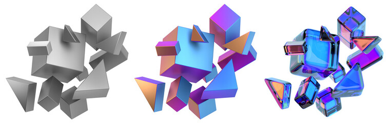 Poster - Set of geometric compositions in different colors, 3d render