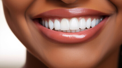 Closeup of smile with white teeth. Dental care, teeth whitening procedure at dentist.