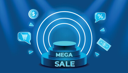 Blue podium with neon elements and the inscription mega sale. Vector illustration abstract empty stage