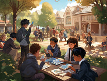 An Illustration Of A Schoolyard With Kids Playing Trading Card Games