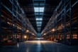Empty industrial warehouse with racks at dusk. Generative AI