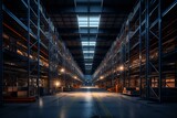 Fototapeta  - Empty industrial warehouse with racks at dusk. Generative AI