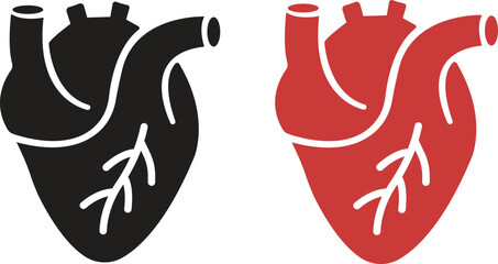 set of black and red Human Heart icons, Cardiac Muscle Line and Silhouette Color Icons. Medical Cardiology Pictogram. Healthy Cardiovascular Organ Symbol isolated on transparent Background.