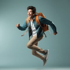 Indian male college student jumping in air with book and bag