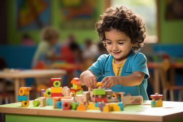 indian cute little small girl playing with colourful building block toy on table