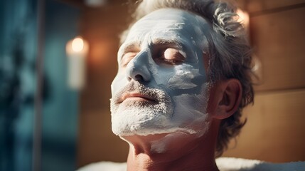 Closeup portrait of a man with a facial mask in a spa salon